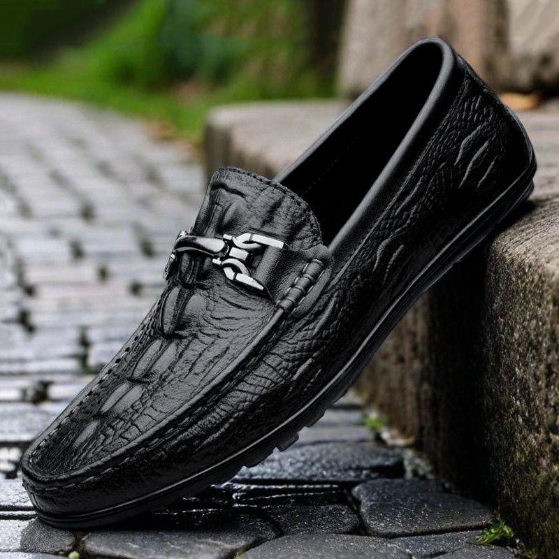 New Fashion Men's Leather Shoes Toe Shoes Shallow Mouth Breathable Versatile Flat Heel Lazy British Soft Sole Casual Crocodile Pattern