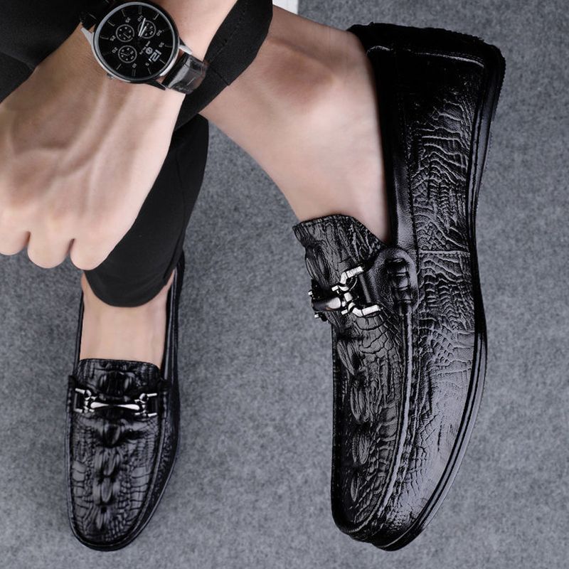 New Fashion Men's Leather Shoes Toe Shoes Shallow Mouth Breathable Versatile Flat Heel Lazy British Soft Sole Casual Crocodile Pattern