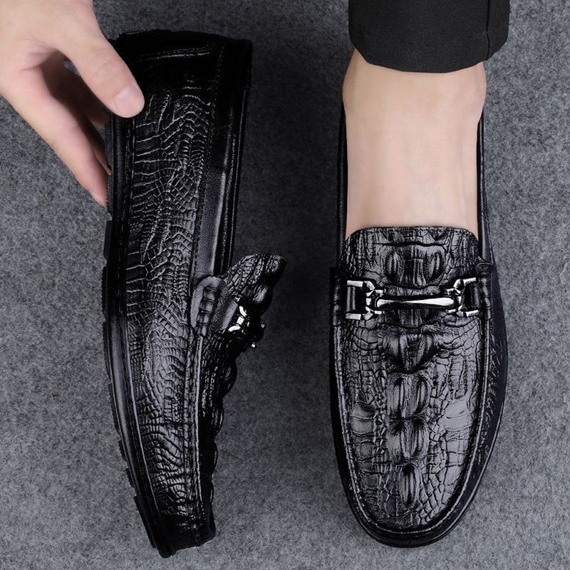 New Fashion Men's Leather Shoes Toe Shoes Shallow Mouth Breathable Versatile Flat Heel Lazy British Soft Sole Casual Crocodile Pattern