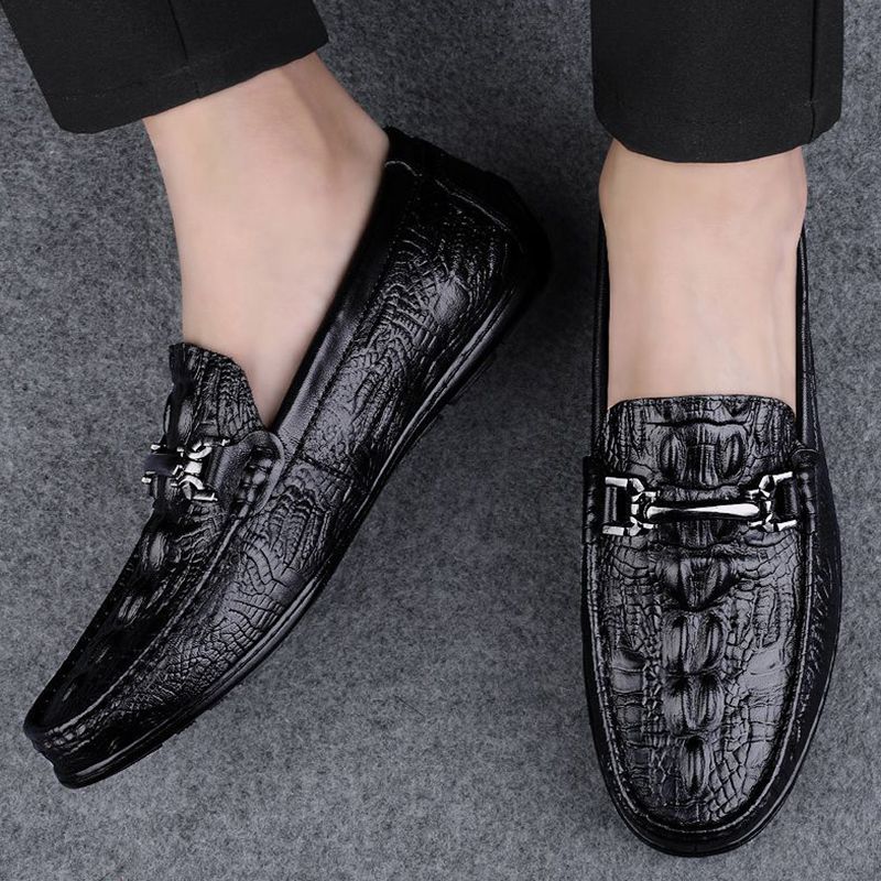 New Fashion Men's Leather Shoes Toe Shoes Shallow Mouth Breathable Versatile Flat Heel Lazy British Soft Sole Casual Crocodile Pattern