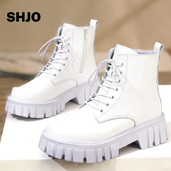 SHJO Women's Fashion Platform Boots –White Faux Leather, High-Top Ankle Support, Side Zipper & Lace-Up Closure, Thick Rugged Sole, Ideal For Street Fashion & Winter Wear