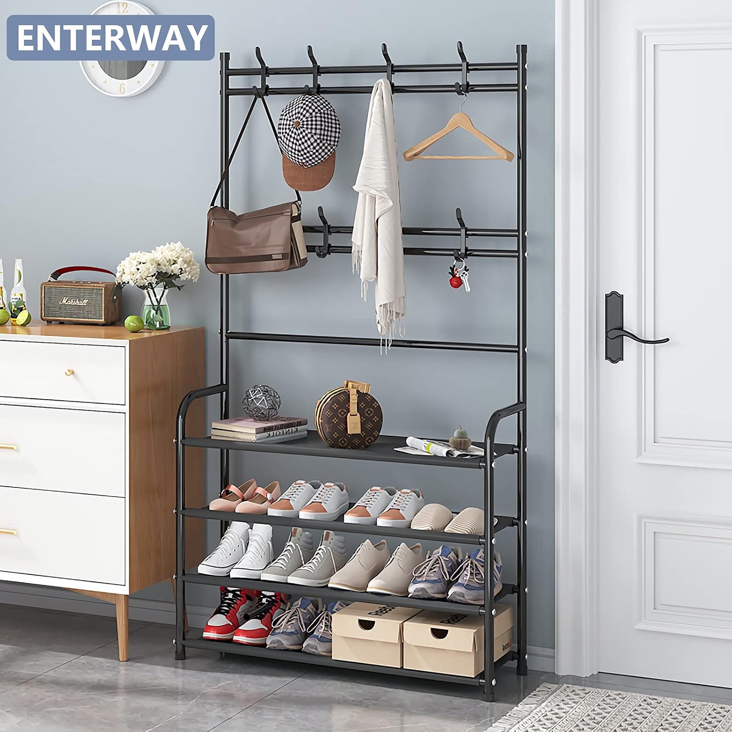 RS 4Tier Entryway Coat Rack, Shoe Rack for Entryway, Coat Rack Freestanding with 4-Tier Storage Shelves and 8 Double Hooks, for Living Room, Bathroom, Hallway,