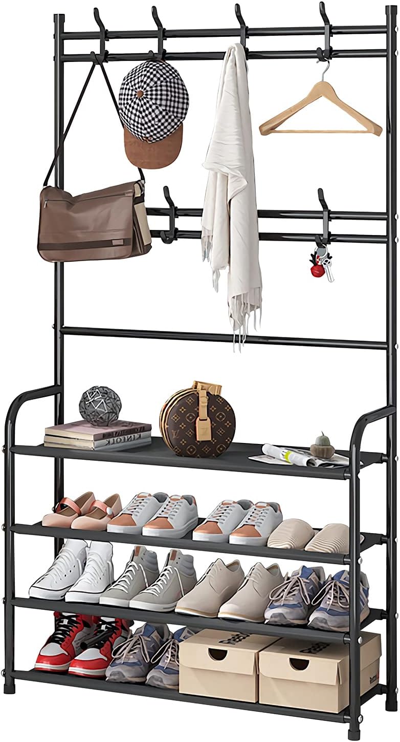 RS 4Tier Entryway Coat Rack, Shoe Rack for Entryway, Coat Rack Freestanding with 4-Tier Storage Shelves and 8 Double Hooks, for Living Room, Bathroom, Hallway,