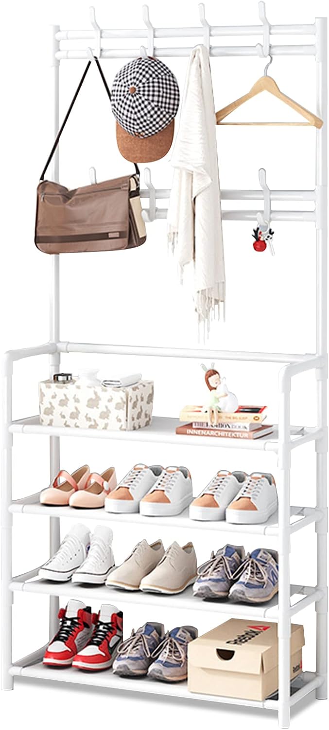 RS 4Tier Entryway Coat Rack, Shoe Rack for Entryway, Coat Rack Freestanding with 4-Tier Storage Shelves and 8 Double Hooks, for Living Room, Bathroom, Hallway,