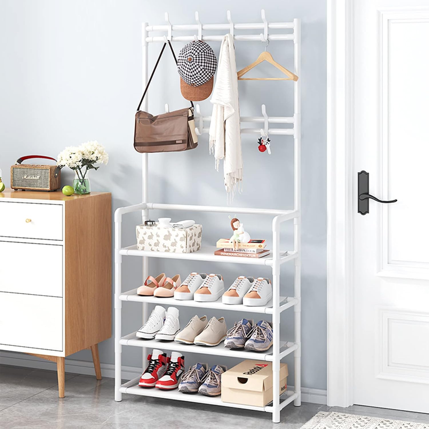 RS 4Tier Entryway Coat Rack, Shoe Rack for Entryway, Coat Rack Freestanding with 4-Tier Storage Shelves and 8 Double Hooks, for Living Room, Bathroom, Hallway,
