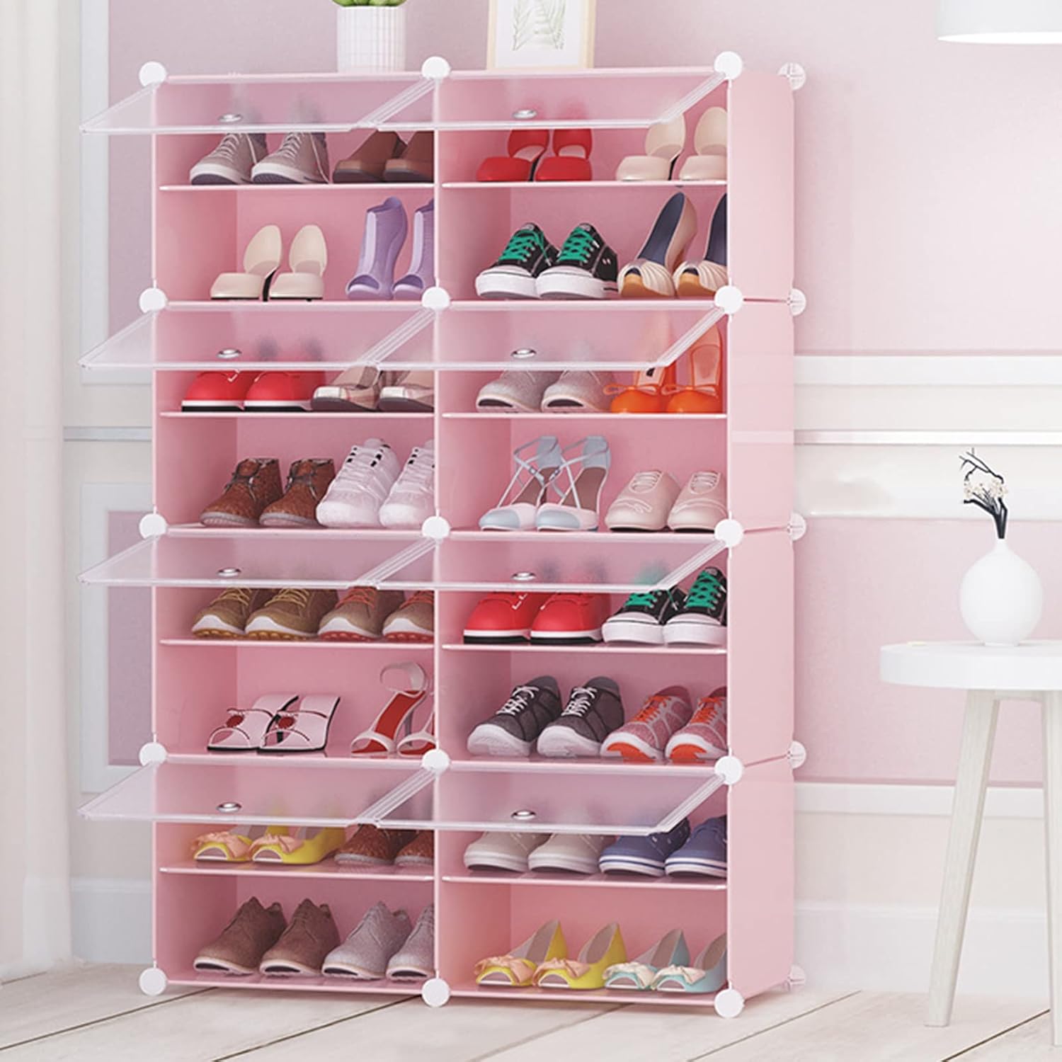【NEW】MODERN RAGENHOOD Plastic Shoe Rack Organizer Shoe Storage Cabinet 16Tiers 32 Pair Portable Shoe Storage Plastic Black Shoe Shelf with Hooks Shoe