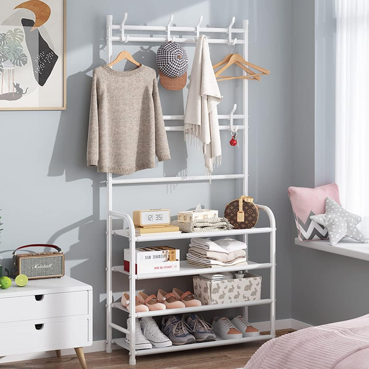 4-layer Simple Assemble Shoe Rack Floor Coat And Hat Rack Shoe Integrated Household Storage Bedroom Living Room Bathroom Hangers hall rack