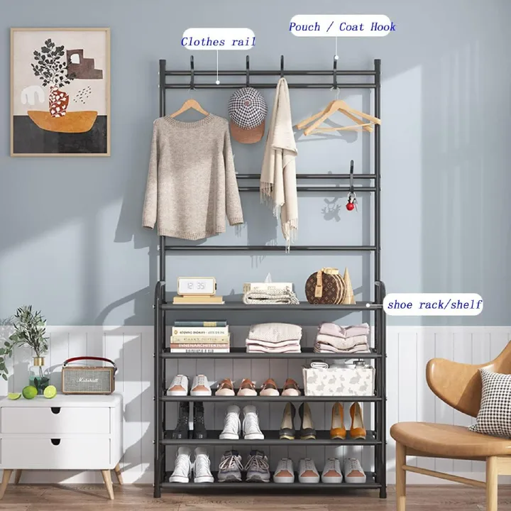 4-layer Simple Assemble Shoe Rack Floor Coat And Hat Rack Shoe Integrated Household Storage Bedroom Living Room Bathroom Hangers hall rack