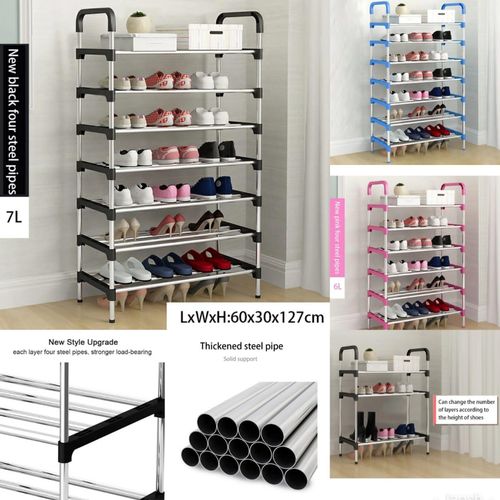 7 Tiers Shoe Storage Shoe Rack with Hooks,Fit 20-25 Pairs,Adjustable Shoe Shelf for Entryway,Hallway,Bedroom,Metal Bottom Support