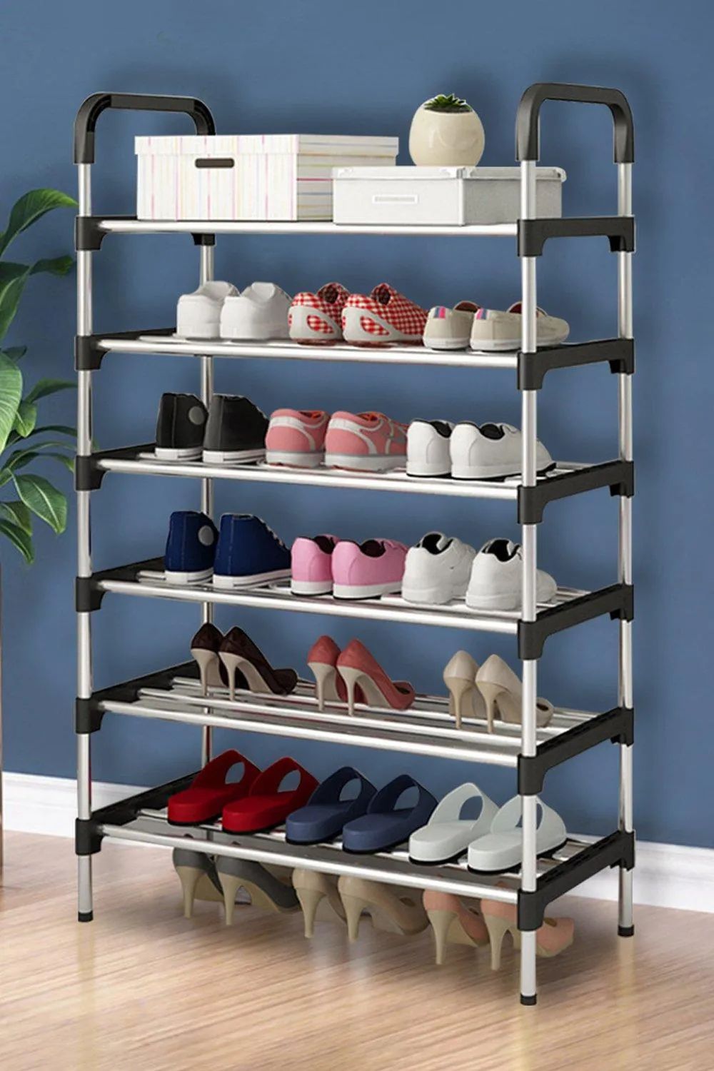 7 Tiers Shoe Storage Shoe Rack with Hooks,Fit 20-25 Pairs,Adjustable Shoe Shelf for Entryway,Hallway,Bedroom,Metal Bottom Support