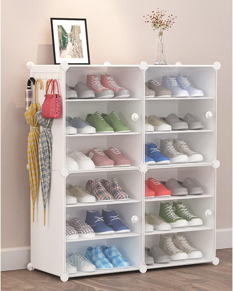 【NEW】MODERN RAGENHOOD Plastic Shoe Rack Organizer Shoe Storage Cabinet 16Tiers 32 Pair Portable Shoe Storage Plastic Black Shoe Shelf with Hooks Shoe