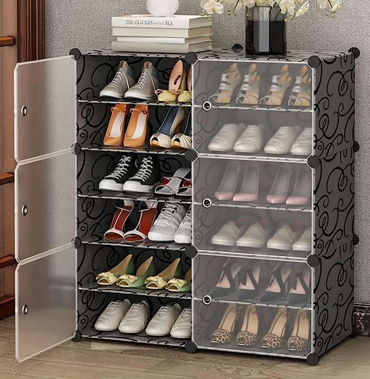 【NEW】MODERN RAGENHOOD Plastic Shoe Rack Organizer Shoe Storage Cabinet 16Tiers 32 Pair Portable Shoe Storage Plastic Black Shoe Shelf with Hooks Shoe