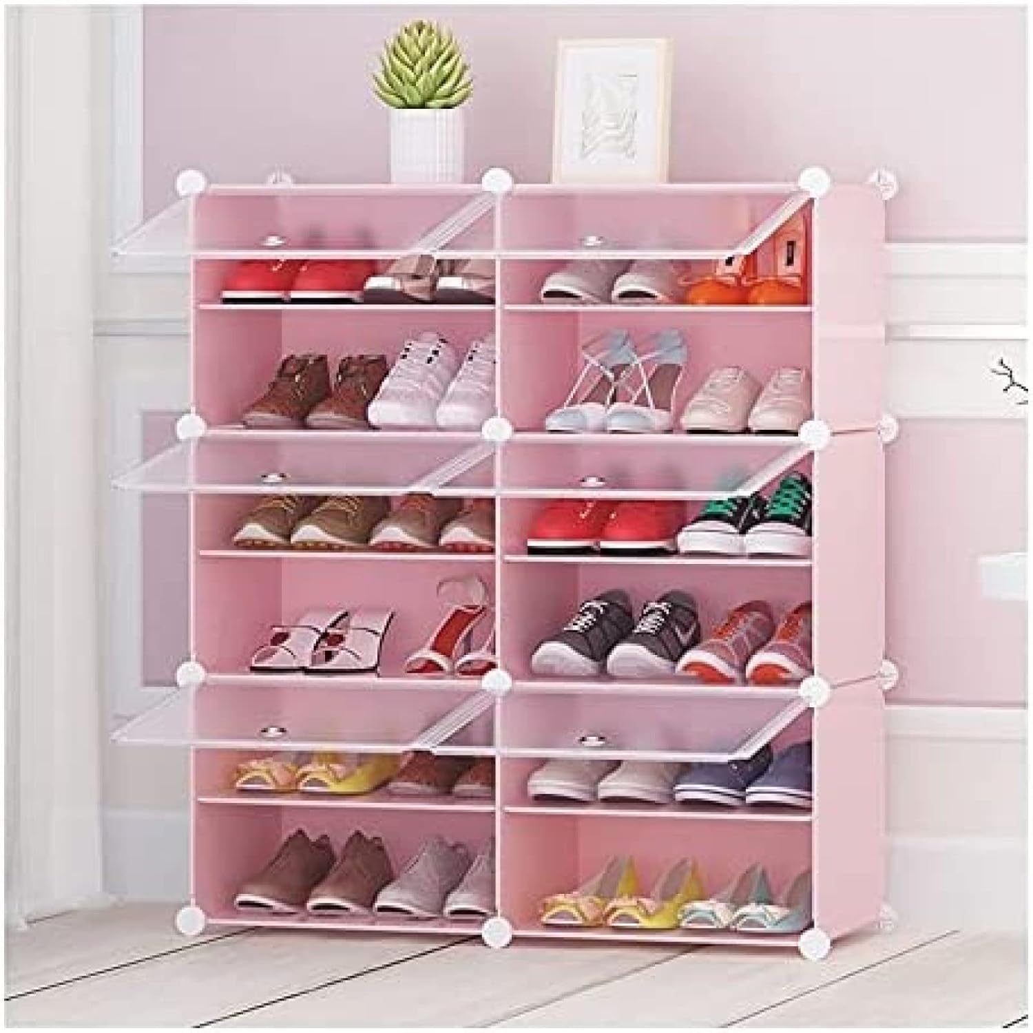 【NEW】MODERN RAGENHOOD Plastic Shoe Rack Organizer Shoe Storage Cabinet 16Tiers 32 Pair Portable Shoe Storage Plastic Black Shoe Shelf with Hooks Shoe
