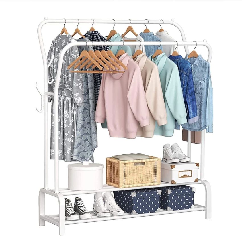 Curved Classic Multipurpose Double Garment Rack Heavy Duty Metal Cloth Rail with 2 Bottom Shelf Coat Jacket Hanging Hanger Shoe Stand for Home, Hotel, Shop Wardrobe Space Organizer