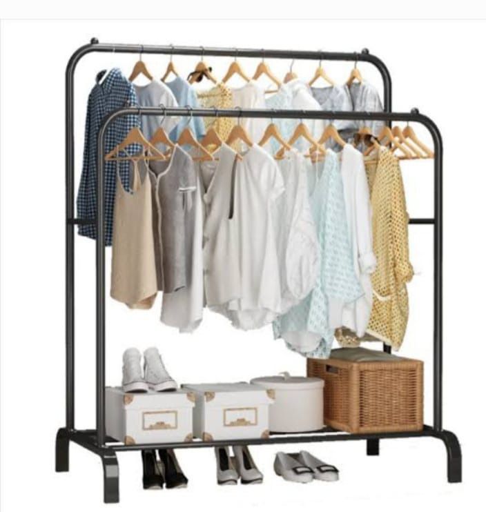 Curved Classic Multipurpose Double Garment Rack Heavy Duty Metal Cloth Rail with 2 Bottom Shelf Coat Jacket Hanging Hanger Shoe Stand for Home, Hotel, Shop Wardrobe Space Organizer