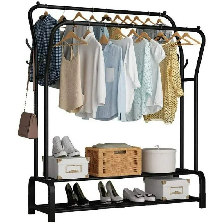 Curved Classic Multipurpose Double Garment Rack Heavy Duty Metal Cloth Rail with 2 Bottom Shelf Coat Jacket Hanging Hanger Shoe Stand for Home, Hotel, Shop Wardrobe Space Organizer