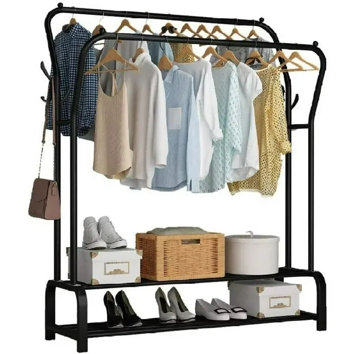 Curved Classic Multipurpose Double Garment Rack Heavy Duty Metal Cloth Rail with 2 Bottom Shelf Coat Jacket Hanging Hanger Shoe Stand for Home, Hotel, Shop Wardrobe Space Organizer