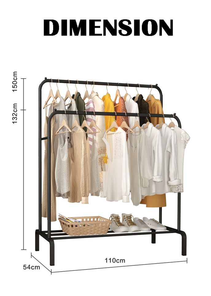 Curved Classic Multipurpose Double Garment Rack Heavy Duty Metal Cloth Rail with 2 Bottom Shelf Coat Jacket Hanging Hanger Shoe Stand for Home, Hotel, Shop Wardrobe Space Organizer