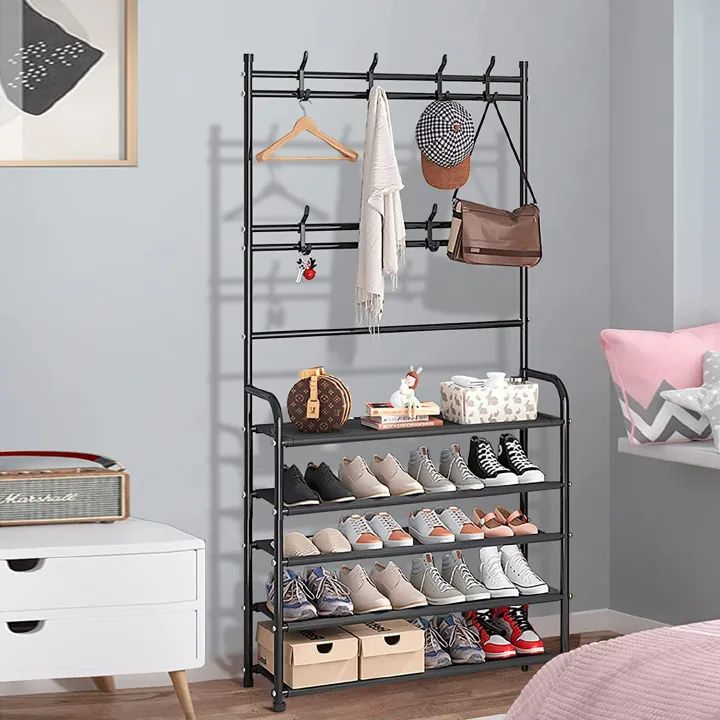 5-layer Simple Assemble Shoe Rack Floor Coat and Hat Rack Shoe Integrated Household Storage Bedroom Living room Bathroom Hangers hall rack