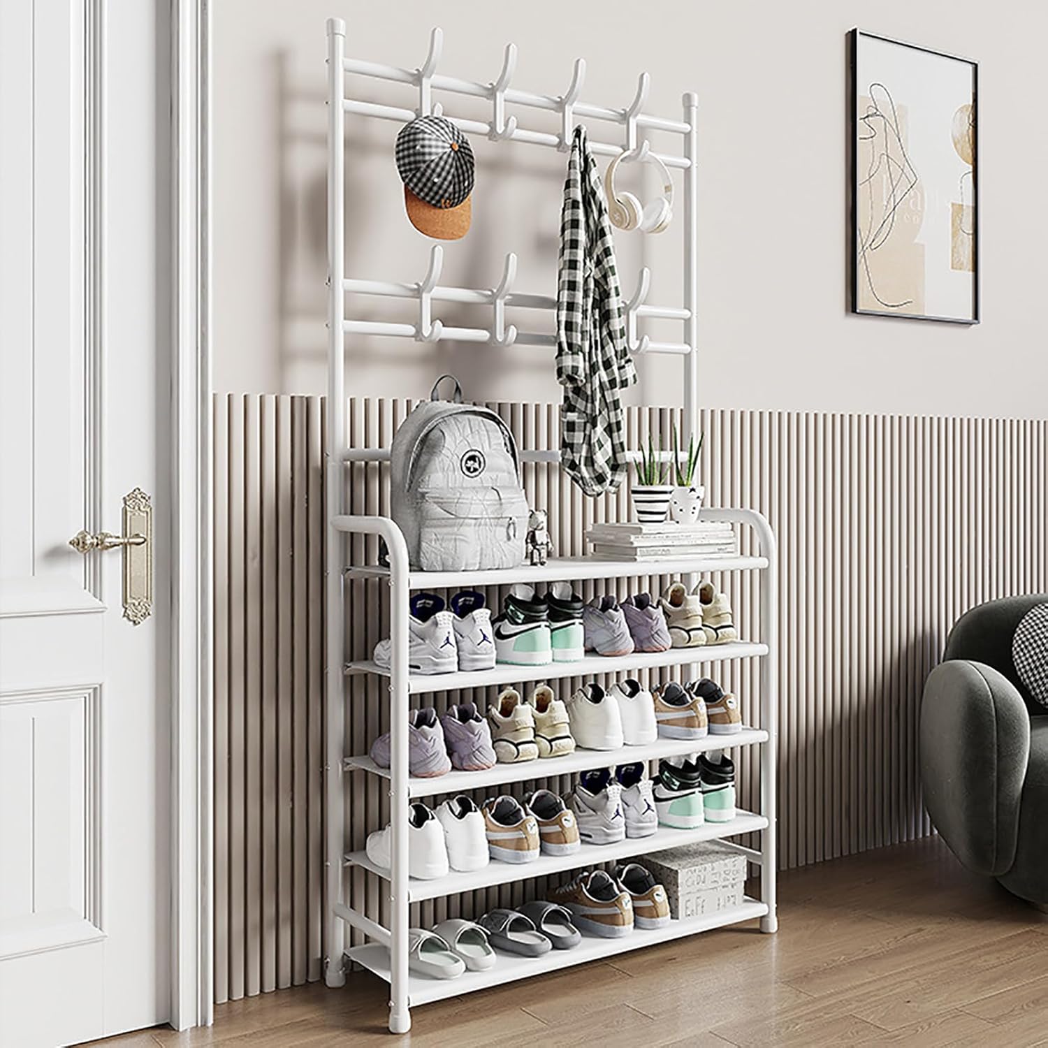 5-layer Simple Assemble Shoe Rack Floor Coat and Hat Rack Shoe Integrated Household Storage Bedroom Living room Bathroom Hangers hall rack