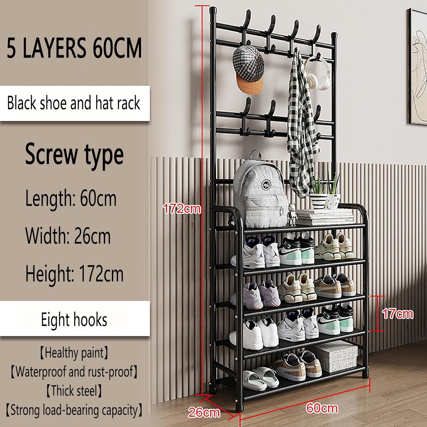 5-layer Simple Assemble Shoe Rack Floor Coat and Hat Rack Shoe Integrated Household Storage Bedroom Living room Bathroom Hangers hall rack