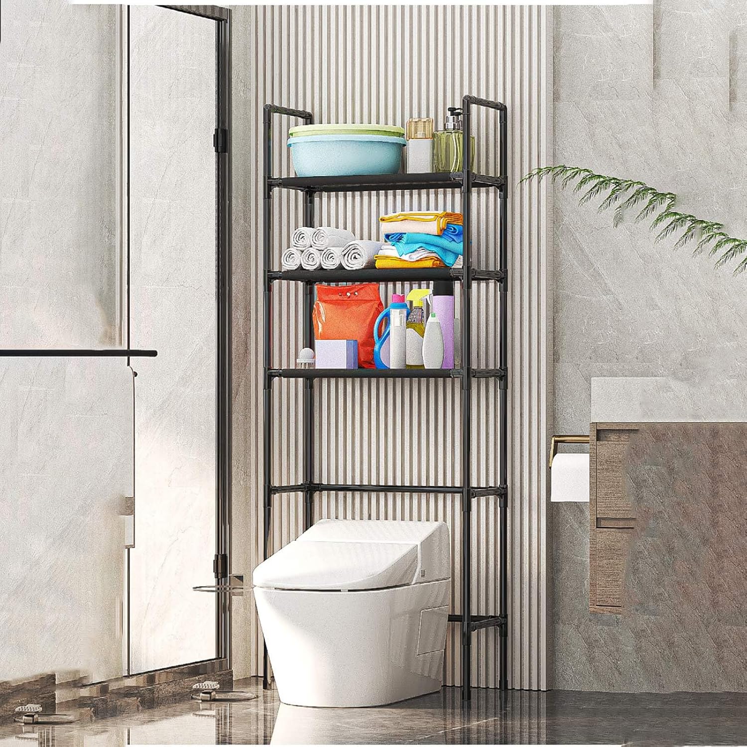 Ragen Over The Toilet Storage Rack, Bathroom Organizer Shelves Cabinet Above Toilet, with Adjustable Height Freestanding Shelf Space Saver