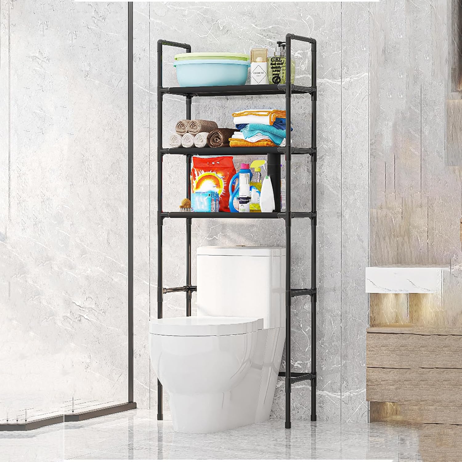 Ragen Over The Toilet Storage Rack, Bathroom Organizer Shelves Cabinet Above Toilet, with Adjustable Height Freestanding Shelf Space Saver