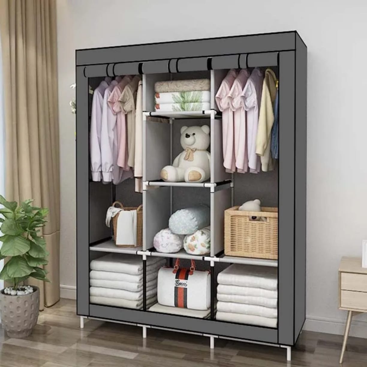 Simple 3 Columns Metallic Wardrobe Medium storage Capacity Wardrobe Assemble Closets Portable Home Storage Portable Wardrobe Clothing storage