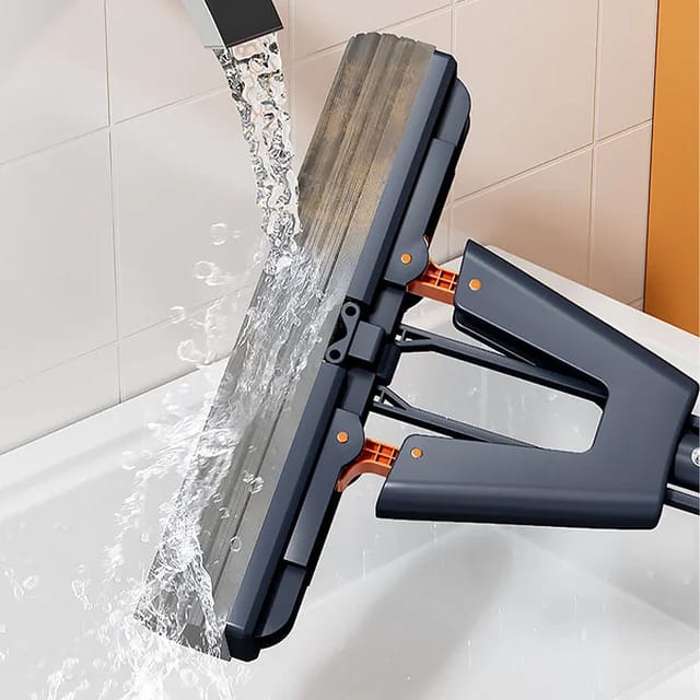 New!!Modern Spin Mop Self-Wringing Floor Mop with 2 PVA Sponge Heads Foldable Handle Hand-Free Sponge Mop for Easy Cleaning