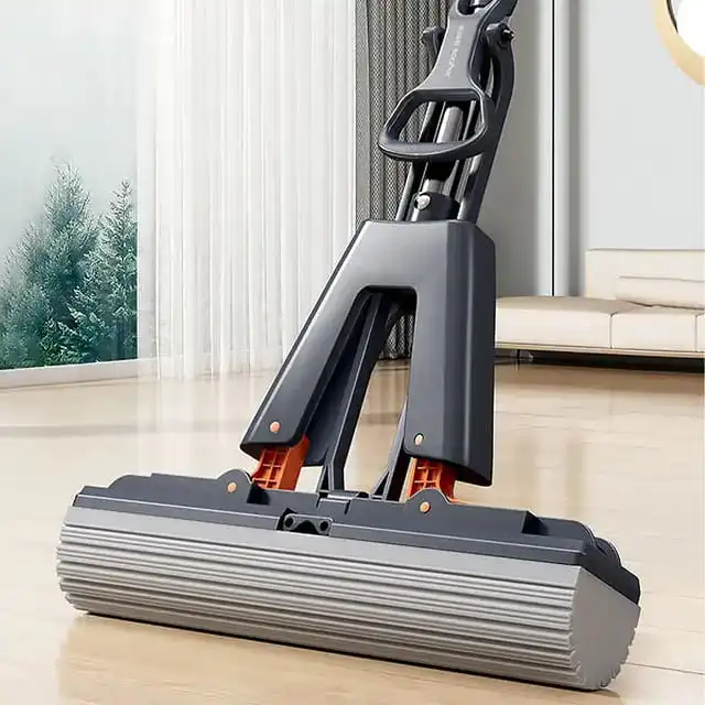 New!!Modern Spin Mop Self-Wringing Floor Mop with 2 PVA Sponge Heads Foldable Handle Hand-Free Sponge Mop for Easy Cleaning