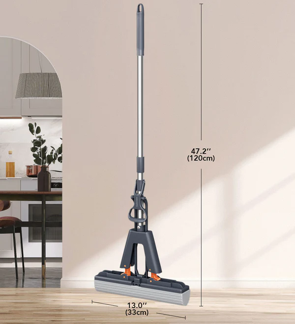 New!!Modern Spin Mop Self-Wringing Floor Mop with 2 PVA Sponge Heads Foldable Handle Hand-Free Sponge Mop for Easy Cleaning