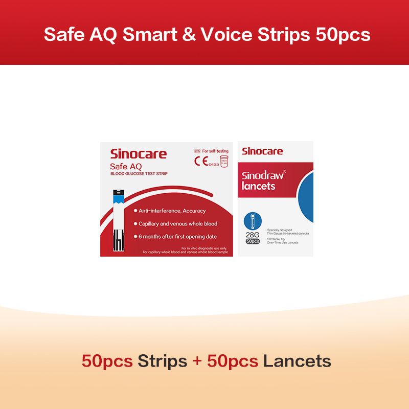 (50pcs for Safe-AQ) Sinocare Blood Glucose Test Strips and Lancets for Blood Sugar Tester 50pcs, No Meter