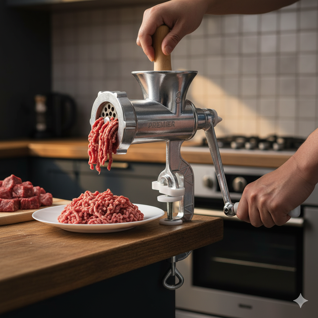 Premier Manual Meat Grinder - Meat Mincer with Clamp Hand Crank Cast Iron Mincer  for Home Kitchen Butchery Shop, Sausage Making & Food Prep
