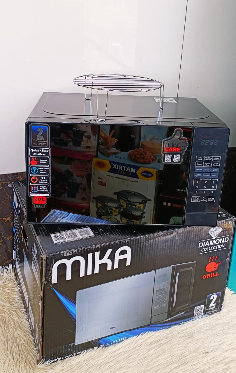 MIKA MICROWAVE OVEN GRILL.Faster and even heating with Dual-Cyclone rapid air technology.All-around metallic interiorAuto-pause function when basket is removed.Overheat protection.