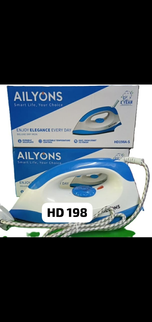 HD 198 Ailyons iron box Adjustable Temperature Control – Tailor heat level for different fabrics.
Steam & Dry Modes – Offers both steam ironing and dry ironing options.
Anti‑Drip System – Prevents w
