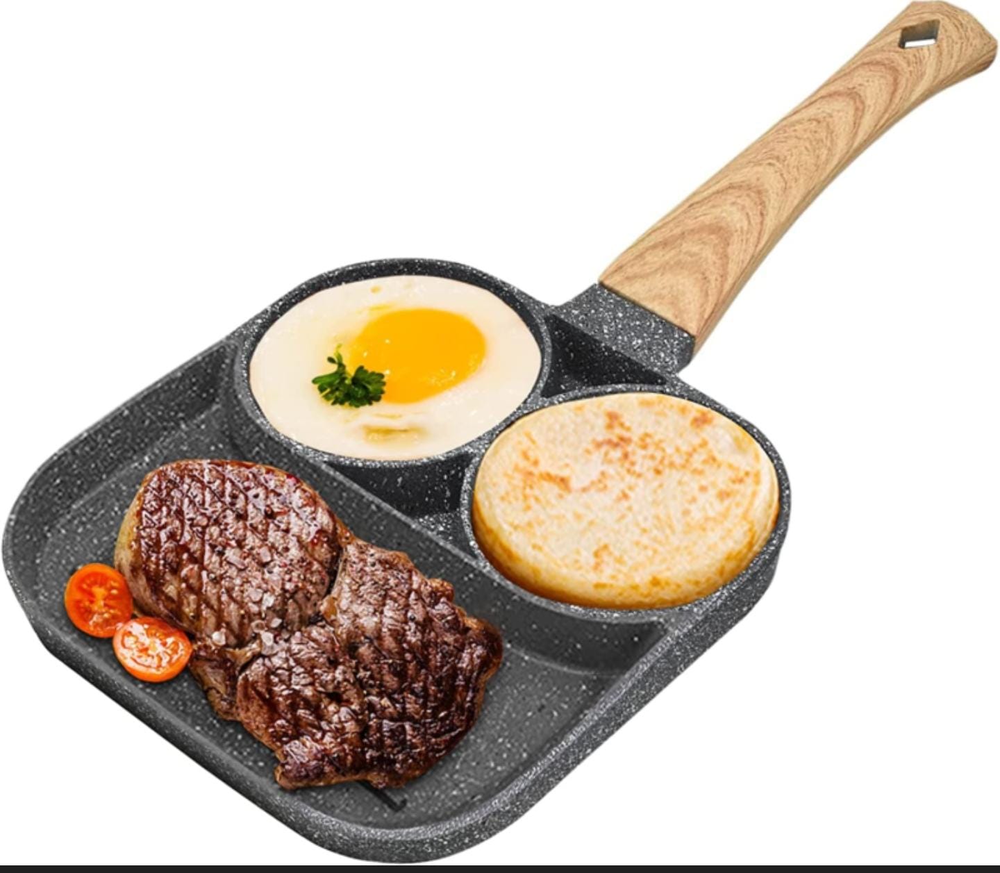 3 compartment nonstick pancake pan Even Cooking with Portion Control – The three separate compartments allow you to cook multiple pancakes at once, keeping them uniform in size and shape.
Nonstick Su