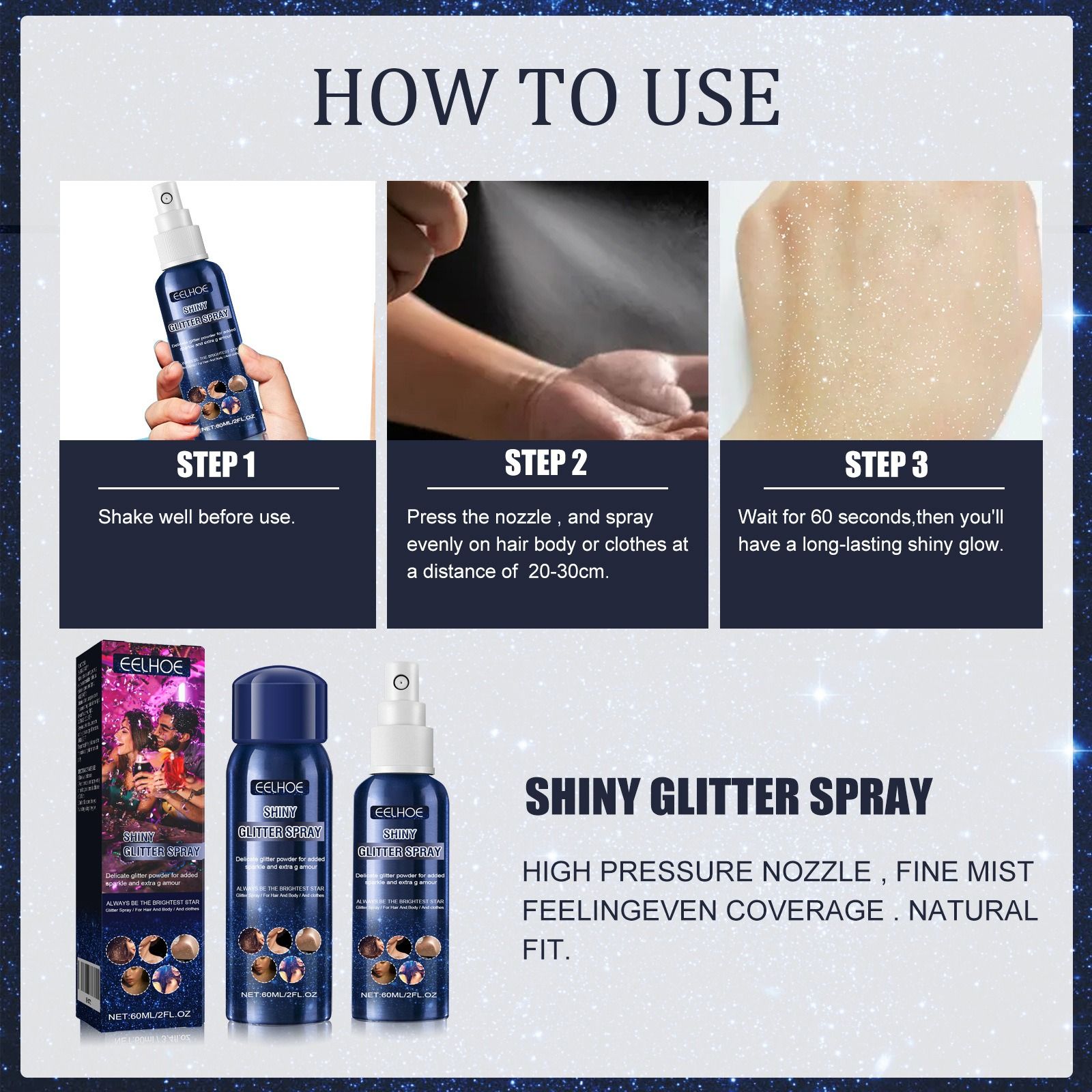 EELHOE flash spray nightclub party skin brighten glitter clothing highlight Halloween Brighten up the makeup look