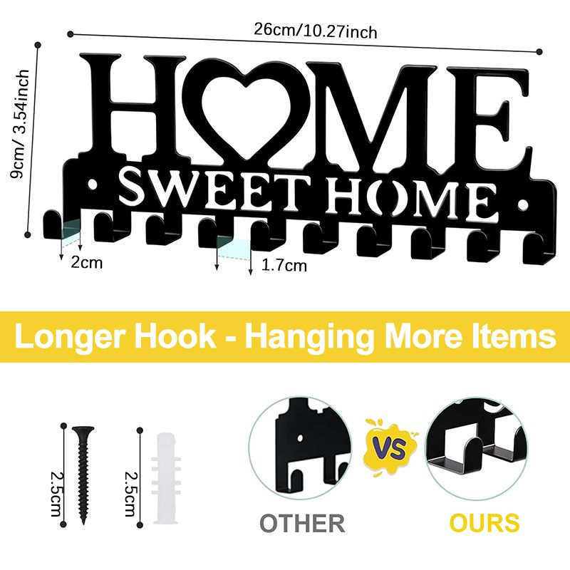 Decorative Metal Wall Hooks For Keys Hooks Rack Wall Mounted-Black（10 Hooks）