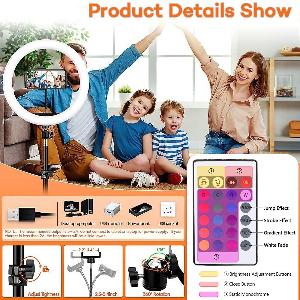 10" RGB Led Lighting Live Stream/Makeup/YouTube Video Dimmable Beauty Ring Light Phone