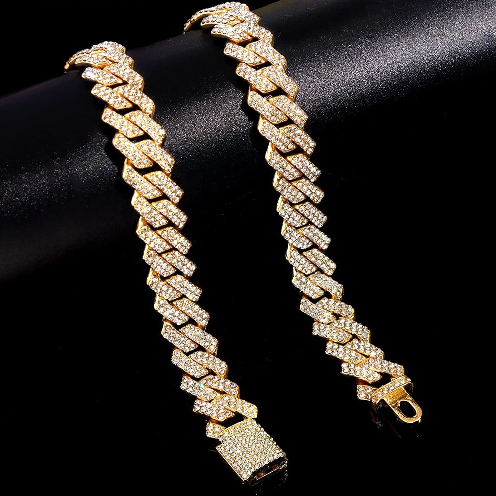 2 In 1 Necklace + Bracelet Set Alloy Necklace Bracelet Rhinestone Cuban Chains