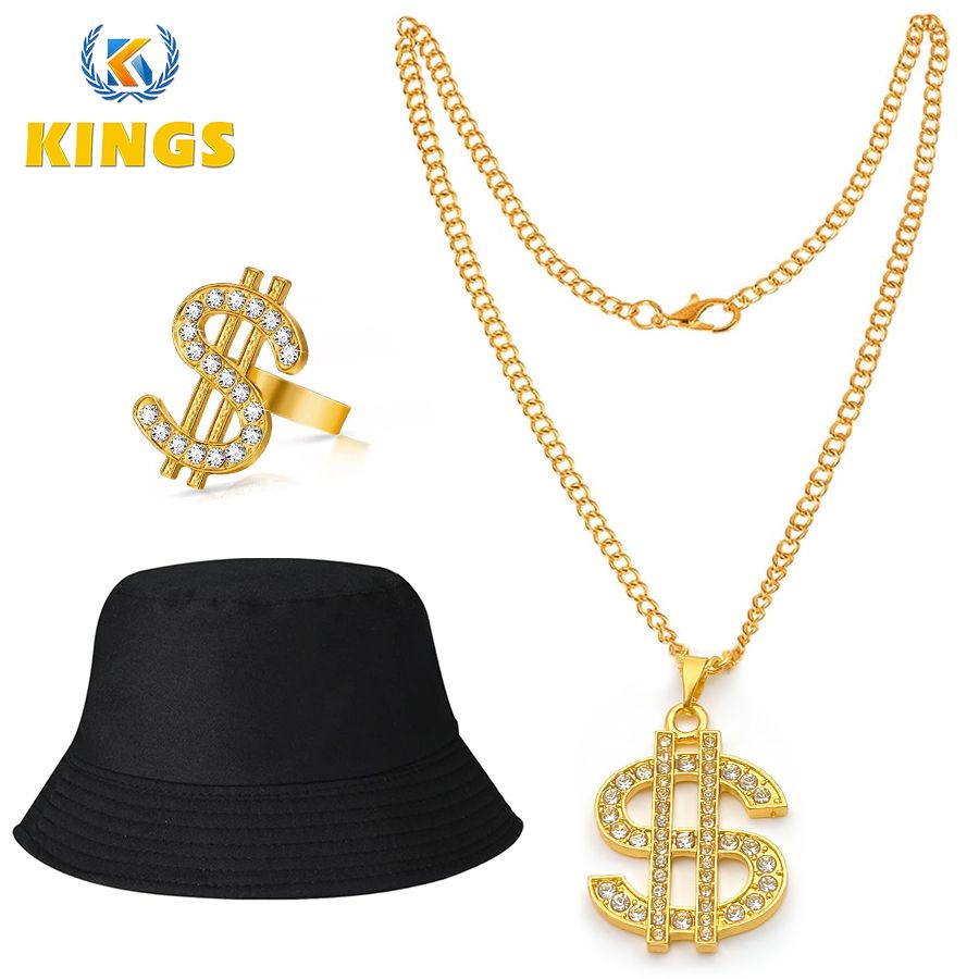 Newly Arrived Men Necklace + Black bucket hat +Ring Set $ Pattern Rhinestone Jewelry + Cap Set Gold