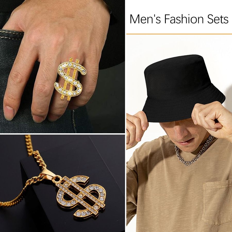 Newly Arrived Men Necklace + Black bucket hat +Ring Set $ Pattern Rhinestone Jewelry + Cap Set