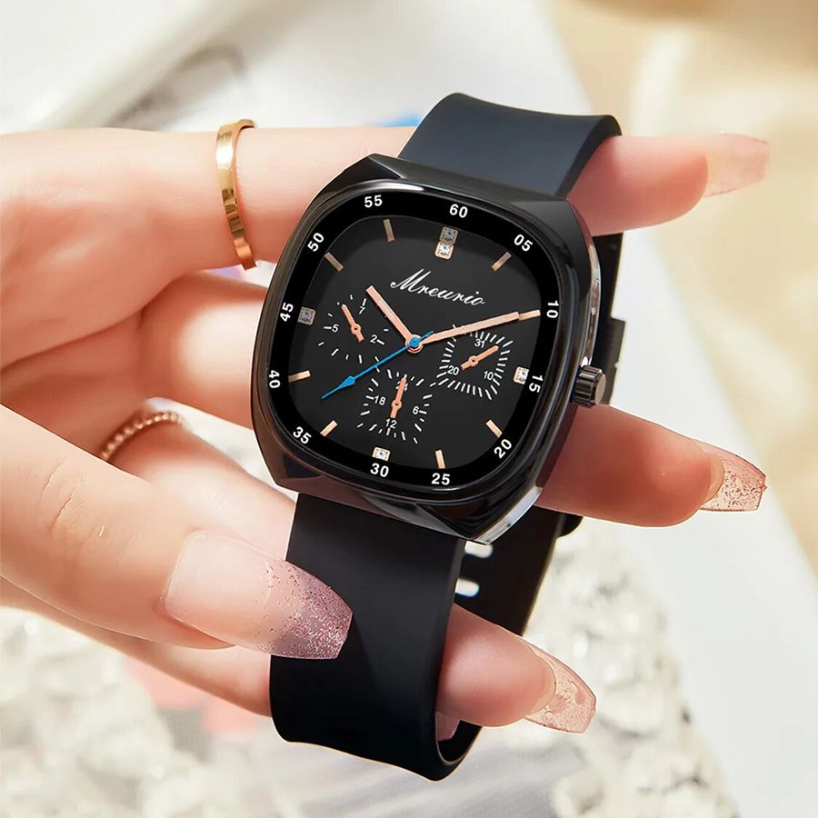 Men Watch + Belt + Wallet Set Black Wrist Watch Dark Brown Belt Black Wallet