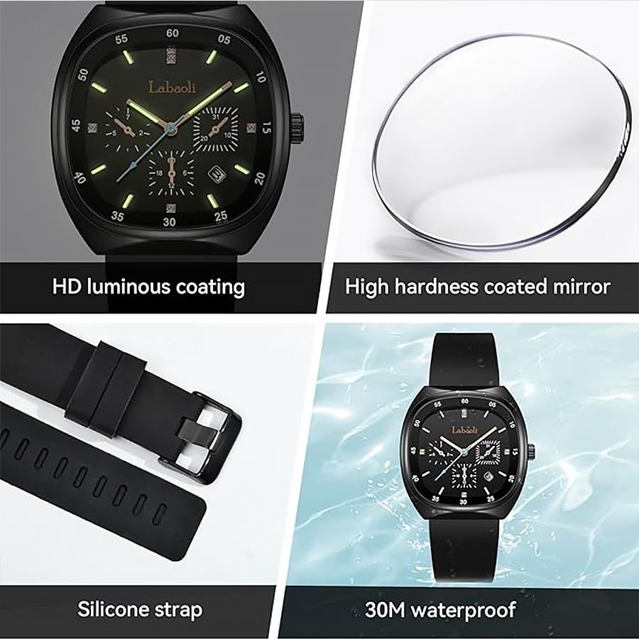 Men Watch + Belt + Wallet Set Black Wrist Watch Dark Brown Belt Black Wallet