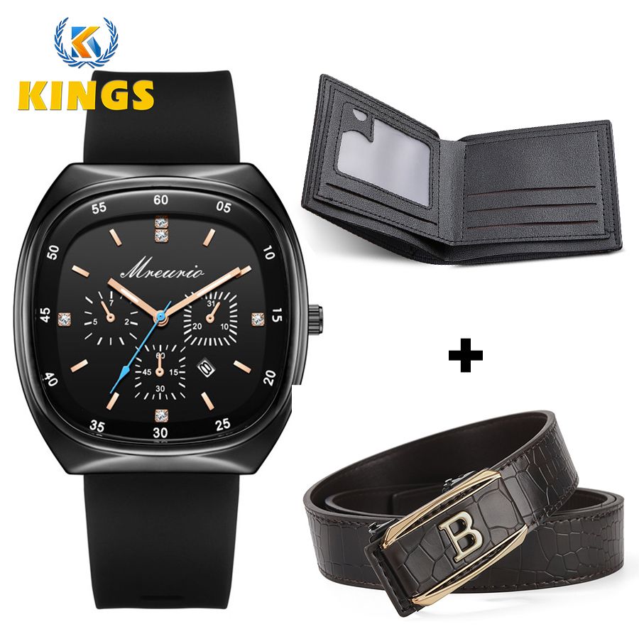 Men Watch + Belt + Wallet Set Black Wrist Watch Dark Brown Belt Black Wallet