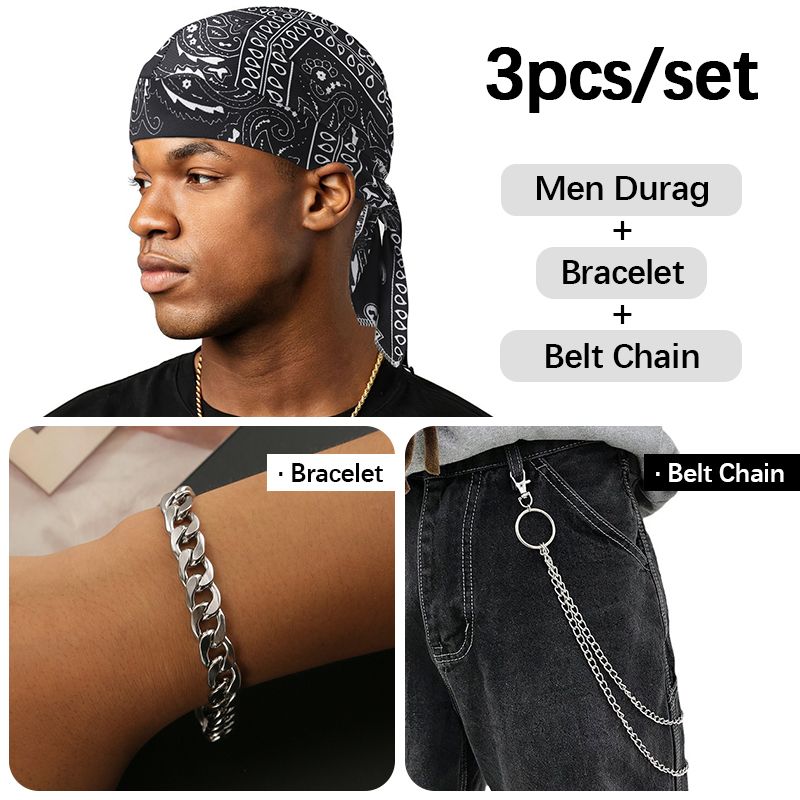 New Arrival Men Durag + Bracelet + Belt Chain Set Headwrap Cuban Bracelet Pants Chain