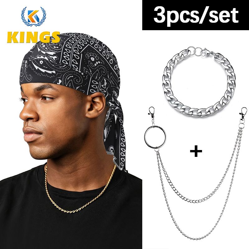 New Arrival Men Durag + Bracelet + Belt Chain Set Headwrap Cuban Bracelet Pants Chain