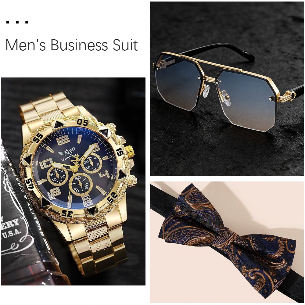 New Arrival Men Watch + Sunglasses + Bow Tie Set Gold Wrist Watches Gradient Lens sunglasses Fancy Bow Tie