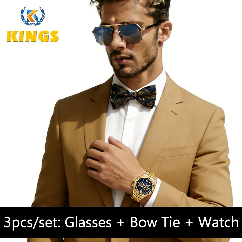 New Arrival Men Watch + Sunglasses + Bow Tie Set Gold Wrist Watches Gradient Lens sunglasses Fancy Bow Tie