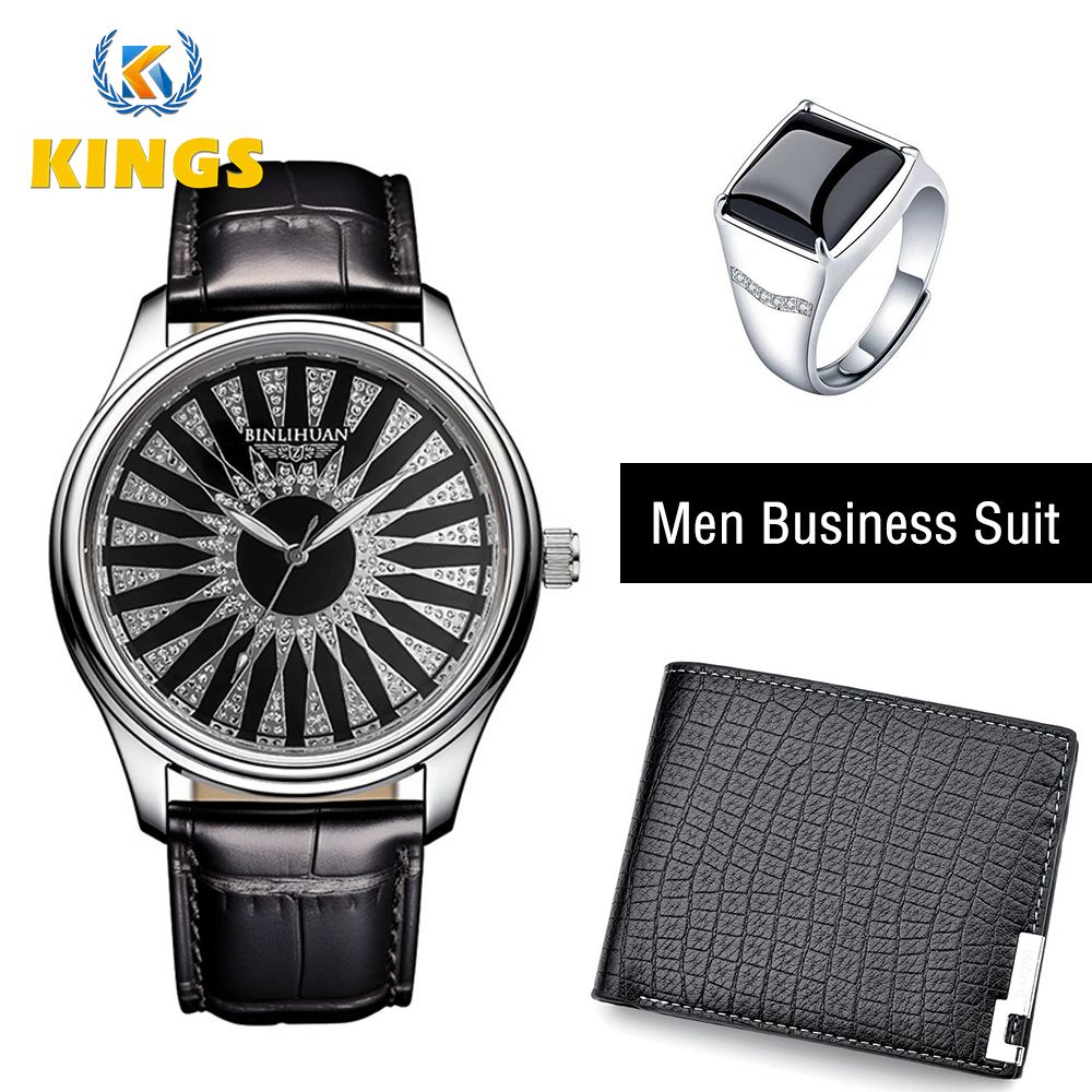 Men Watch + Wallet + Ring Set Male Wrist Watch Short Wallet Black Agate Ring Set Quartz Watch Horizontal Alloy Ring Set